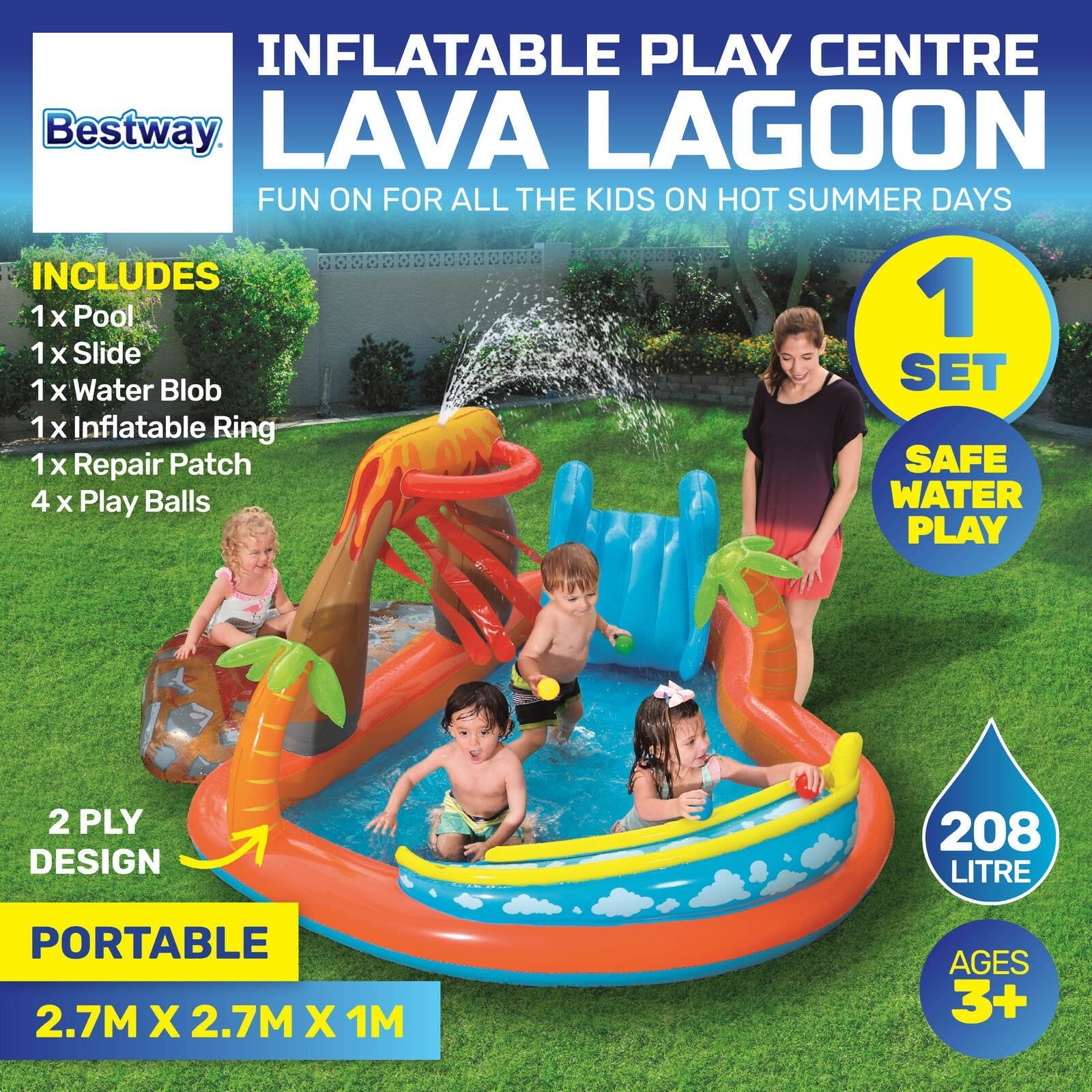 Bestway 2.7m x 1m Inflatable Lava Lagoon Water Fun Park Pool With Slide 208L - Little Kids Business