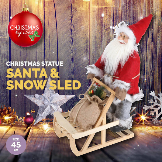 Christmas By Sas 45cm x 30cm Santa & Wooden Sleigh Decorative Statue Intricate Details - Little Kids Business