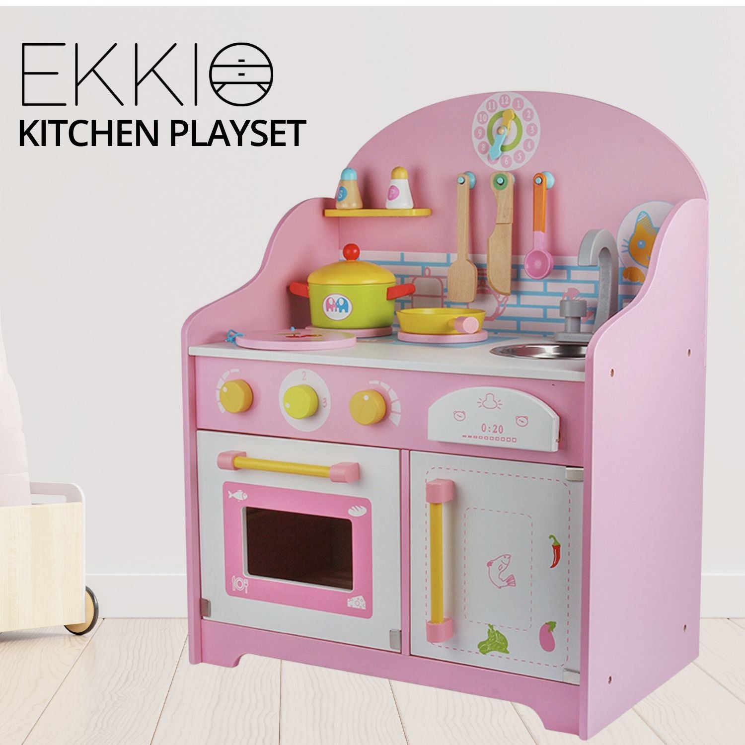 EKKIO Wooden Kitchen Playset for Kids with Clock (Japanese Style Kitchen Set, Pink) EK-KP-109-MS - Little Kids Business