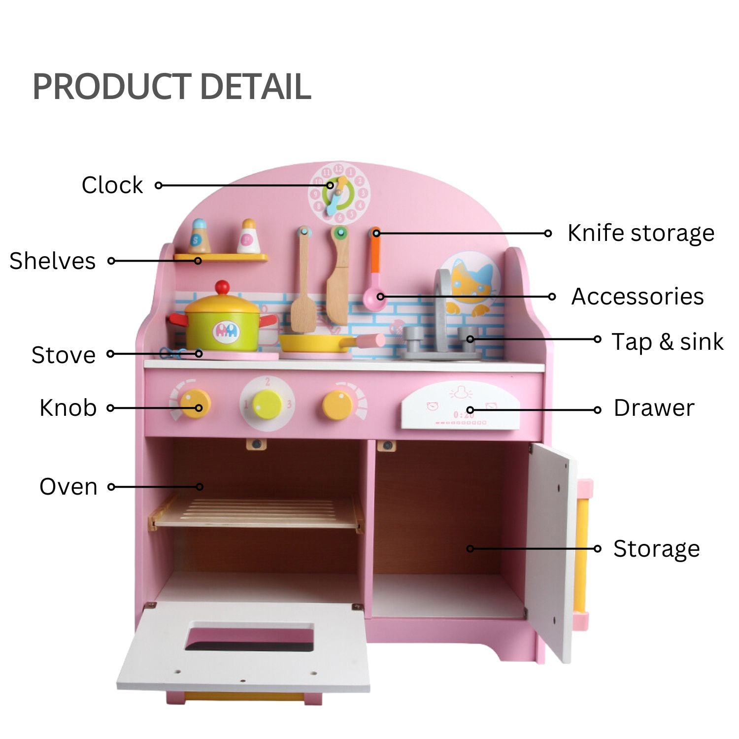 EKKIO Wooden Kitchen Playset for Kids with Clock (Japanese Style Kitchen Set, Pink) EK-KP-109-MS - Little Kids Business