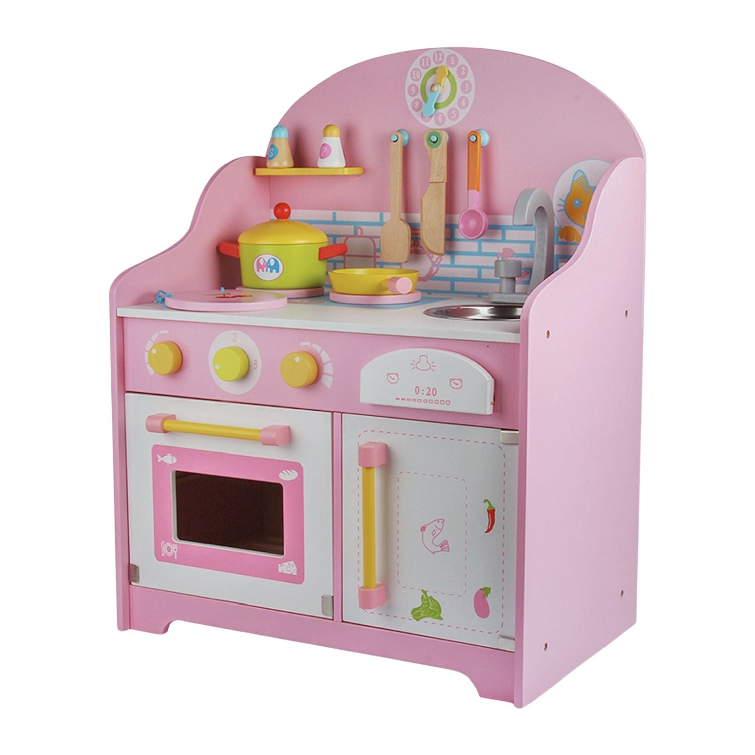 EKKIO Wooden Kitchen Playset for Kids with Clock (Japanese Style Kitchen Set, Pink) EK-KP-109-MS - Little Kids Business