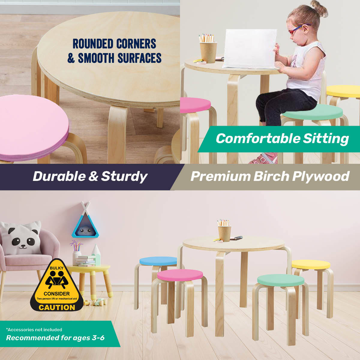 Home Master 5PCE Kids Wooden Table &amp; Coloured Stools Set Stackable Sturdy - Little Kids Business