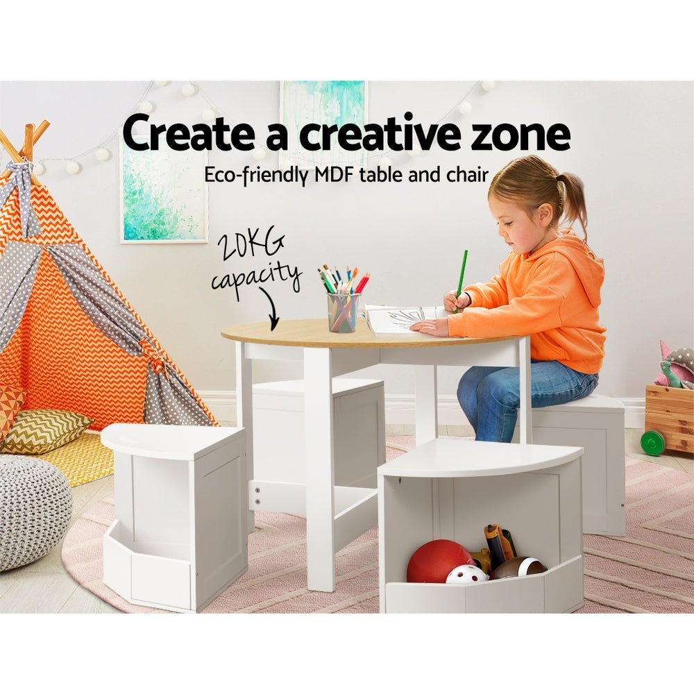 Keezi 5 PCS Kids Table and Chairs Set Storage Chair Wooden Play Study Desk Sets - Little Kids Business