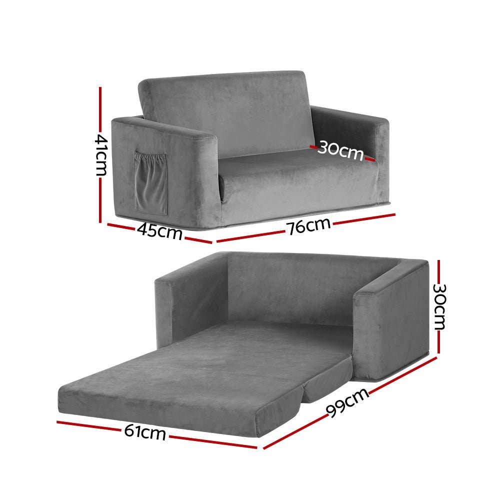 Keezi Kids Convertible Sofa 2 Seater Children Flip Open Couch Lounger Grey - Little Kids Business