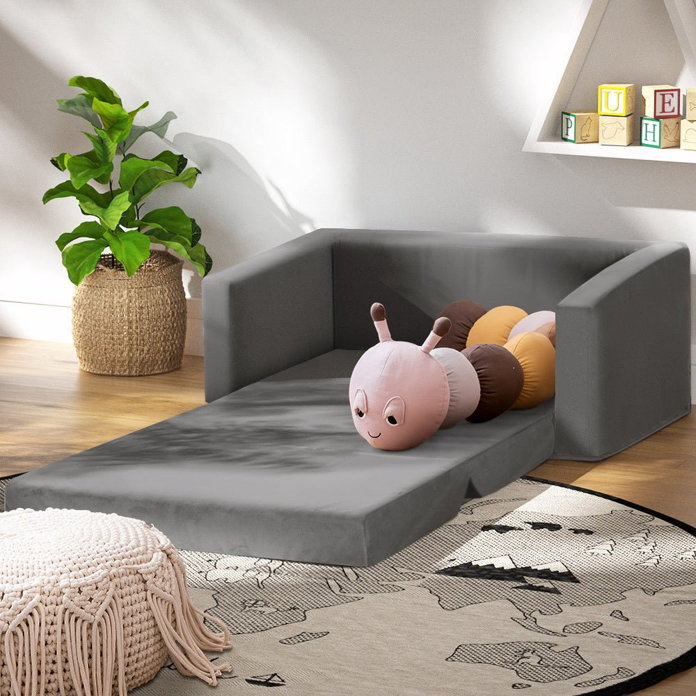 Keezi Kids Convertible Sofa 2 Seater Children Flip Open Couch Lounger Grey - Little Kids Business