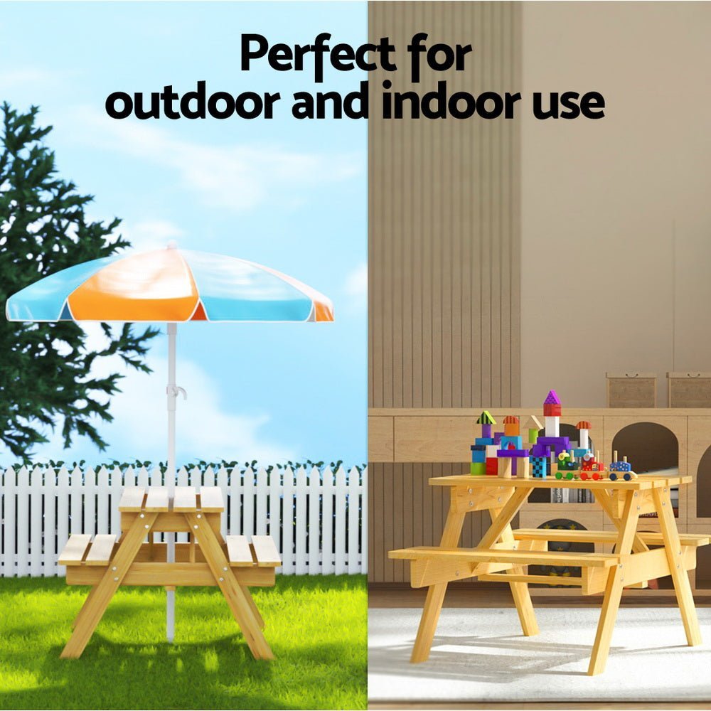 Keezi Kids Outdoor Table and Chairs Picnic Bench Seat Umbrella Children Wooden - Little Kids Business