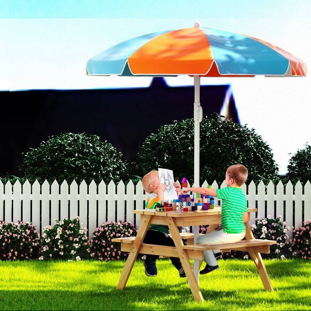 Keezi Kids Outdoor Table and Chairs Picnic Bench Set Umbrella Water Sand Pit Box - Little Kids Business