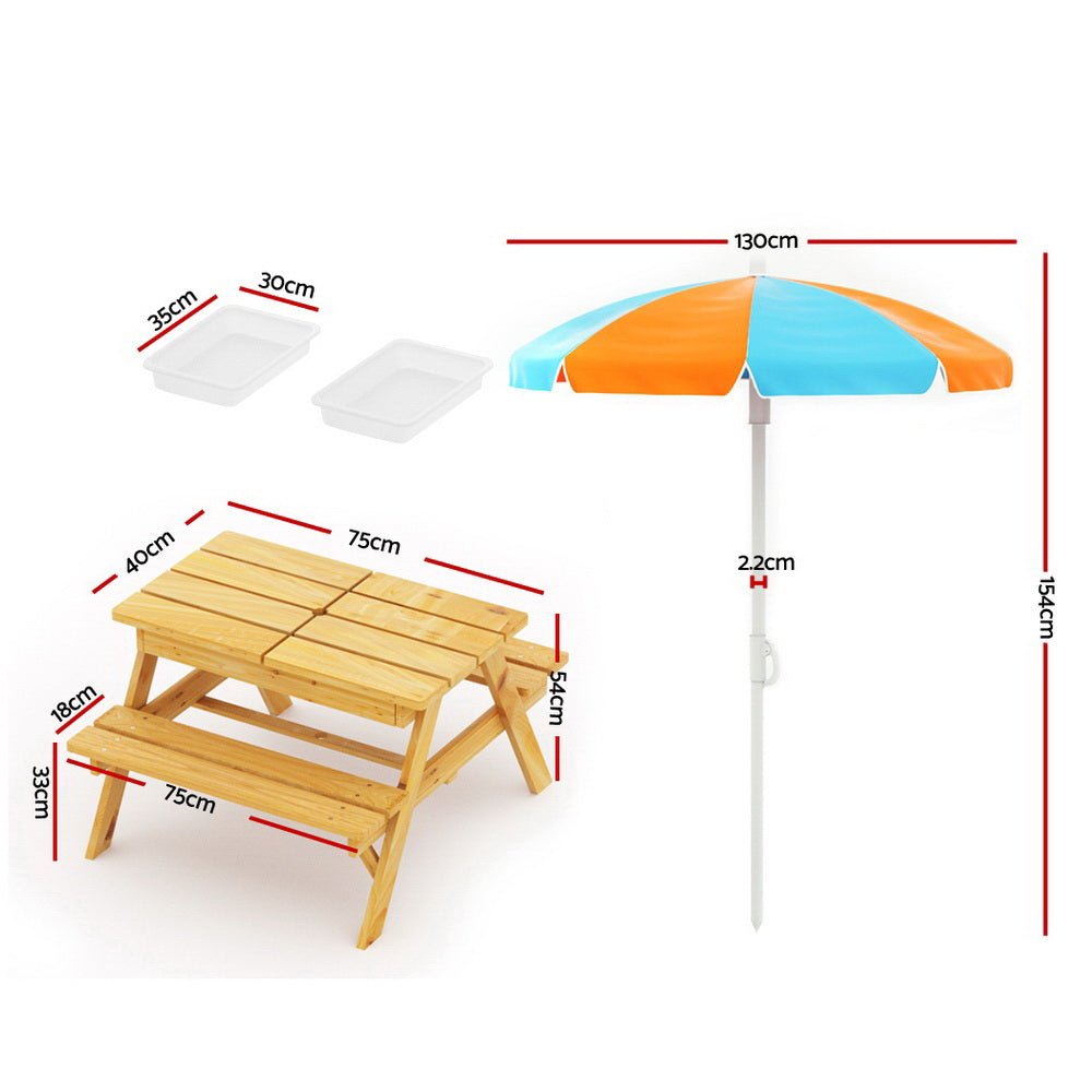 Keezi Kids Outdoor Table and Chairs Picnic Bench Set Umbrella Water Sand Pit Box - Little Kids Business