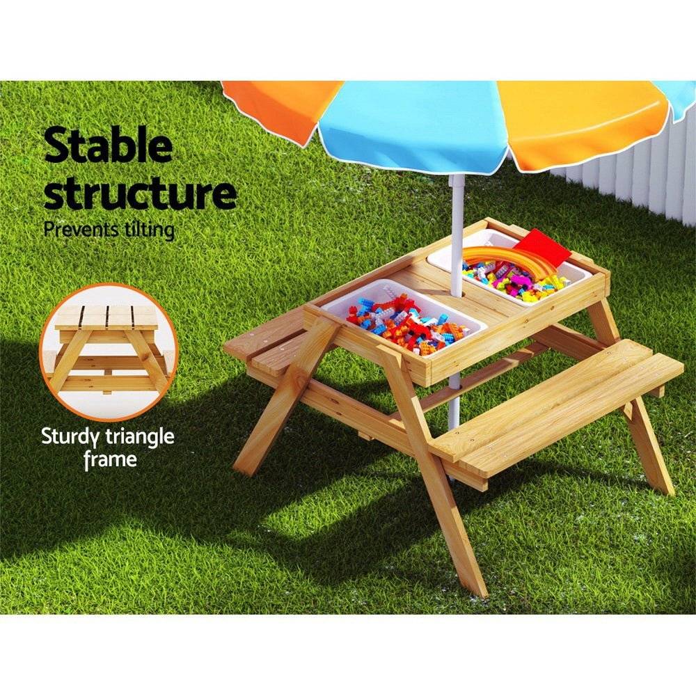 Keezi Kids Outdoor Table and Chairs Picnic Bench Set Umbrella Water Sand Pit Box - Little Kids Business