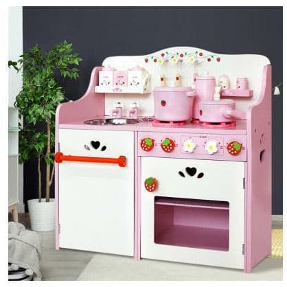 Keezi Kids Wooden Kitchen Play Set - Pink - Little Kids Business