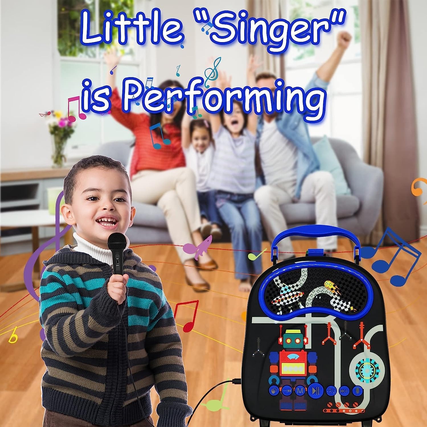 Kids Singing Portable Karaoke with Two Microphones (Rectangle, Black Robot) - Little Kids Business