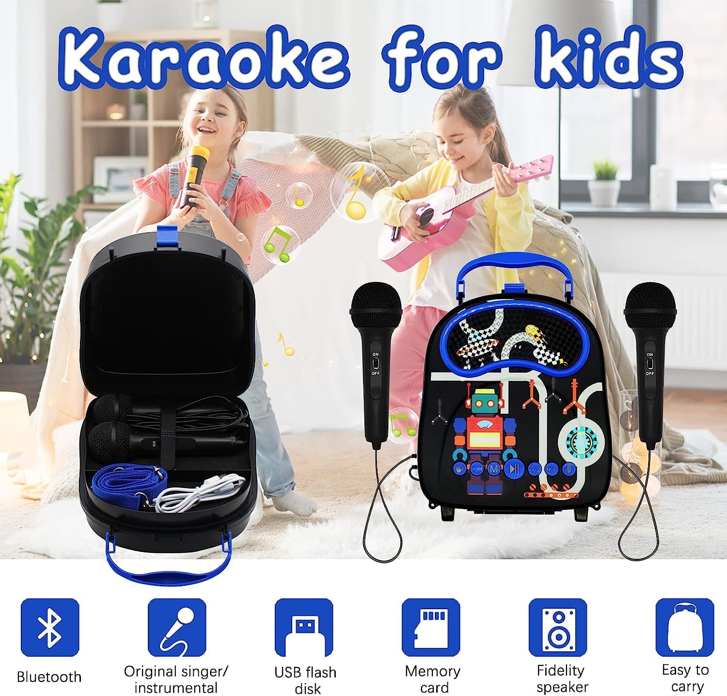 Kids Singing Portable Karaoke with Two Microphones (Rectangle, Black Robot) - Little Kids Business