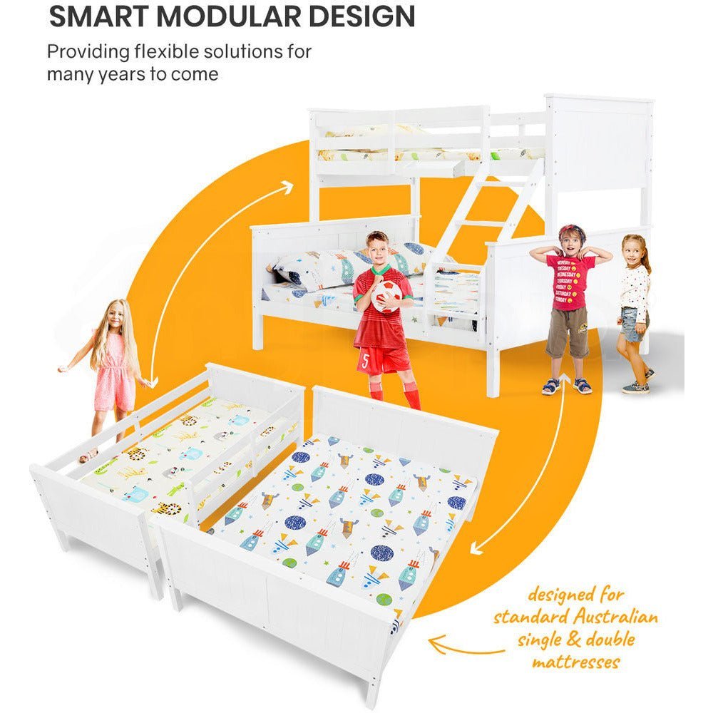 Kingston Slumber Bunk Bed Frame Modular Single White Wood Kids Double Deck Twin - Little Kids Business