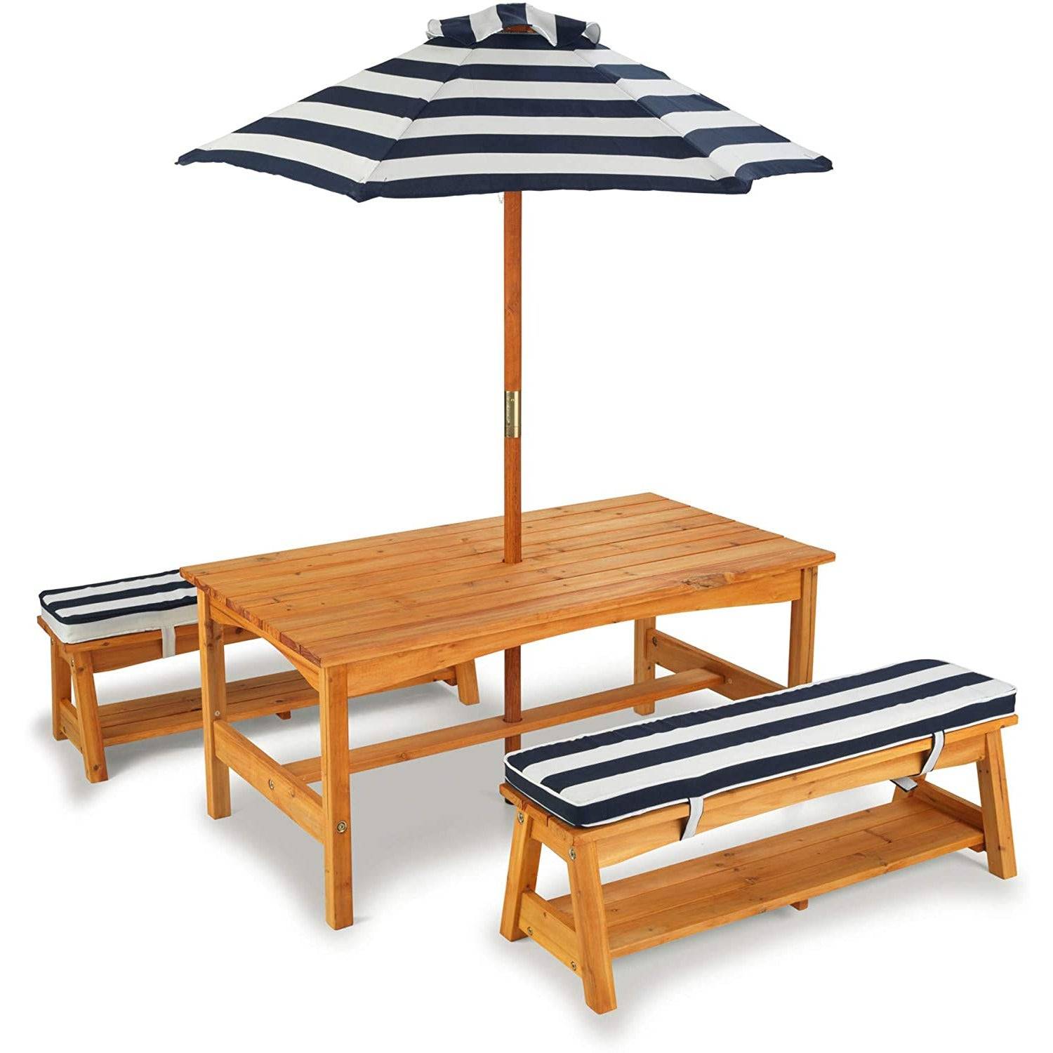 Outdoor Table & Bench Set with Cushions & Umbrella (Navy) - Little Kids Business