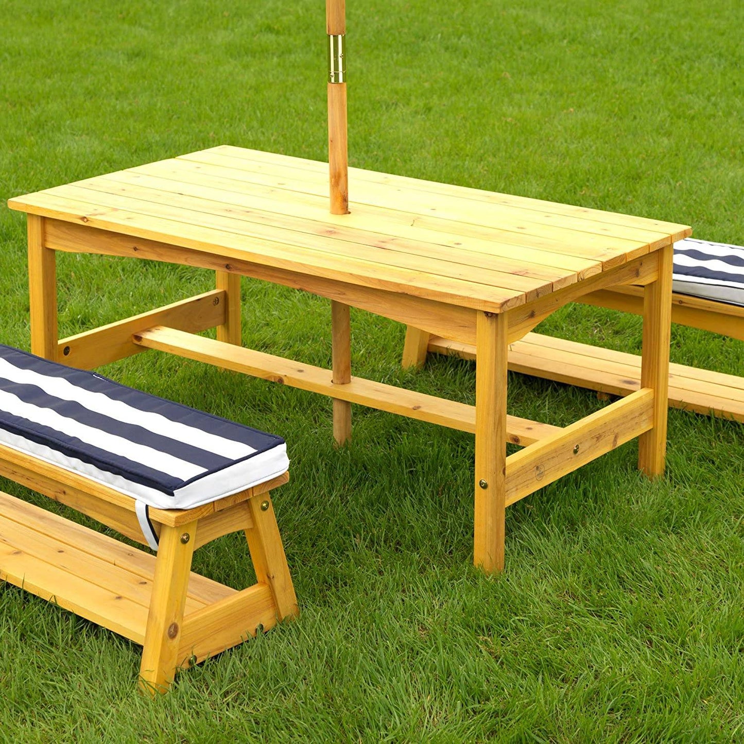 Outdoor Table & Bench Set with Cushions & Umbrella (Navy) - Little Kids Business