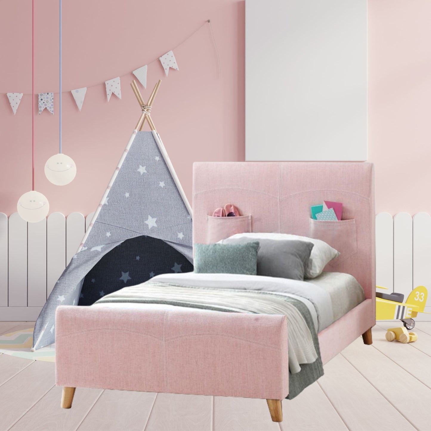 Phlox Kids Child Single Bed Fabric Upholstered Children Kid Timber Frame - Pink - Little Kids Business