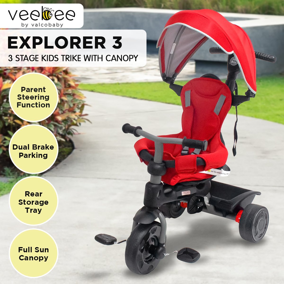 Veebee Explorer 3-stage Kids Trike With Canopy - Red - Little Kids Business