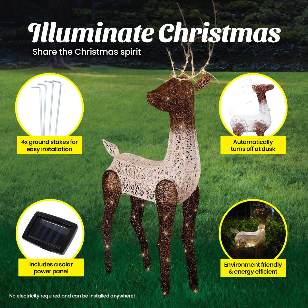 Christmas By Sas 1.2m Reindeer Glitter Wire Solar LED Warm White Auto Sensor - Little Kids Business