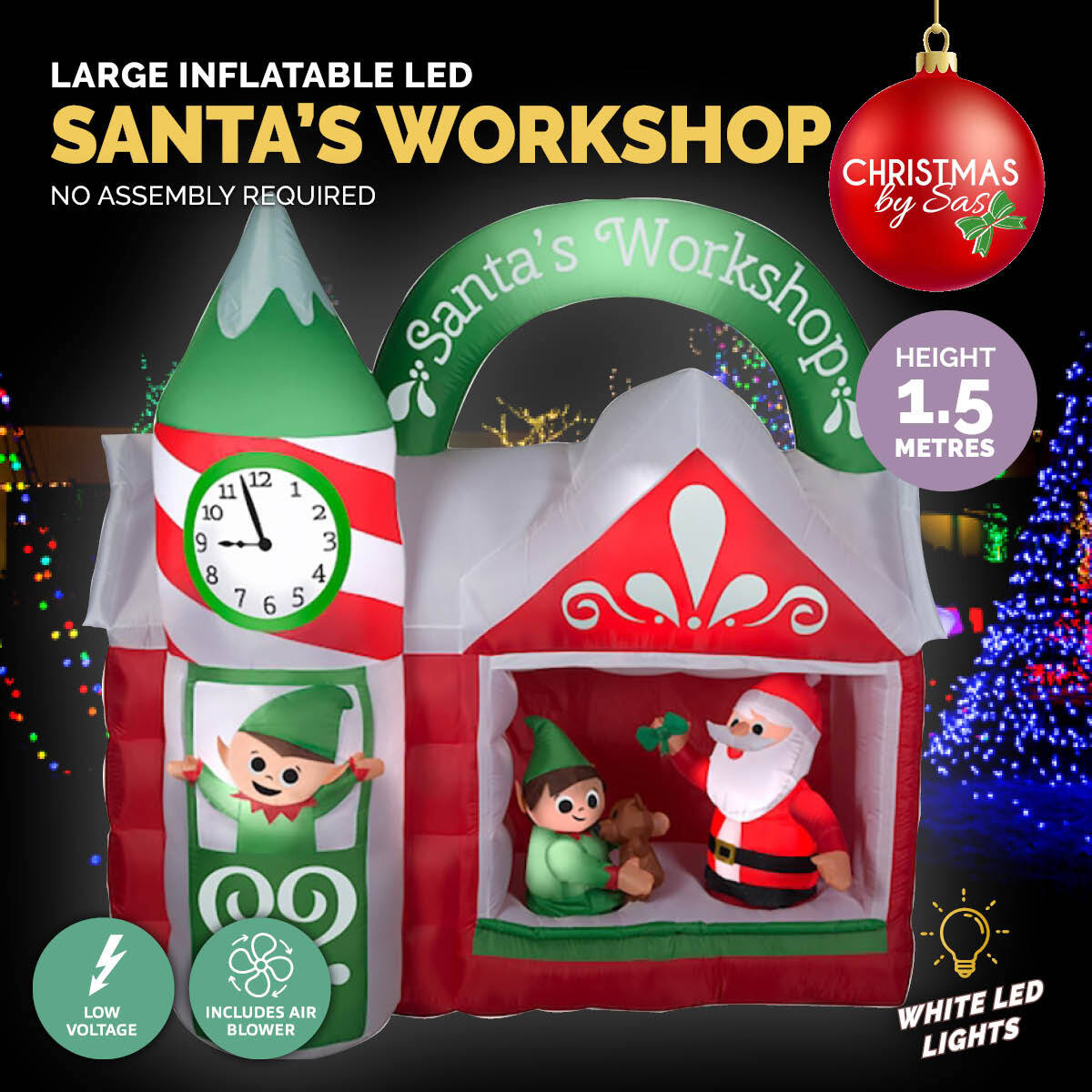 Christmas By Sas 1.5m x 1.6m Santa's Workshop Self Inflating LED Lights - Little Kids Business