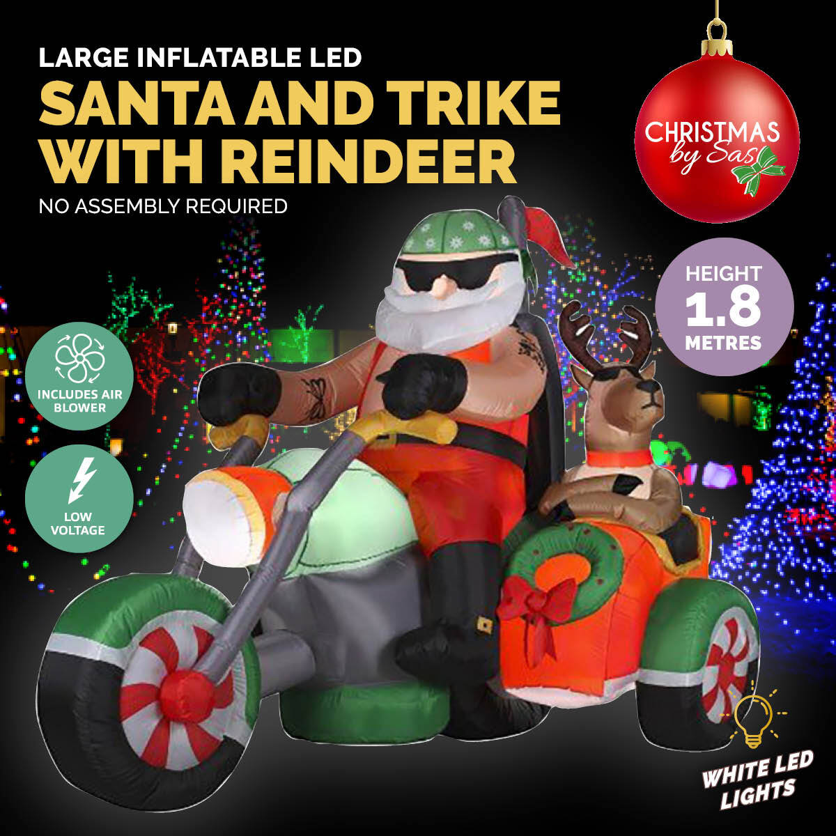 Christmas By Sas 1.8m Santa Reindeer & Trike Built-In Blower LED Lighting - Little Kids Business