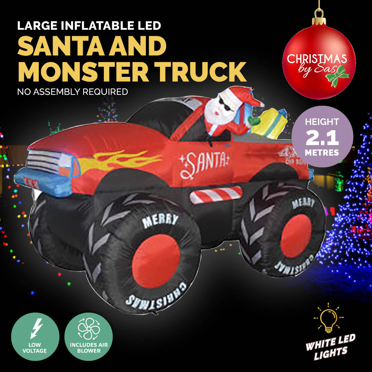 Christmas By Sas 2.1m Santa & Monster Truck Built-In Blower LED Lighting - Little Kids Business
