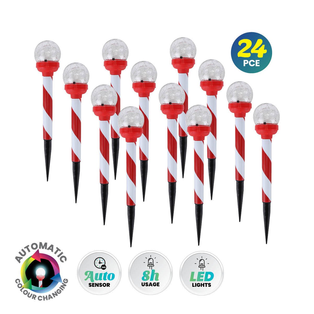 Christmas By Sas 24PCE Solar Candy Cane Stakes With Crackle Balls LED 35cm - Little Kids Business