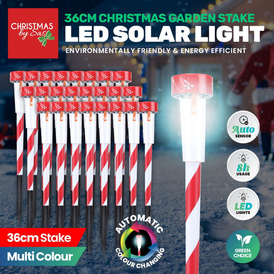 Christmas By Sas 24PCE Solar Stakes Red & White Striped Colour Changing 36cm - Little Kids Business