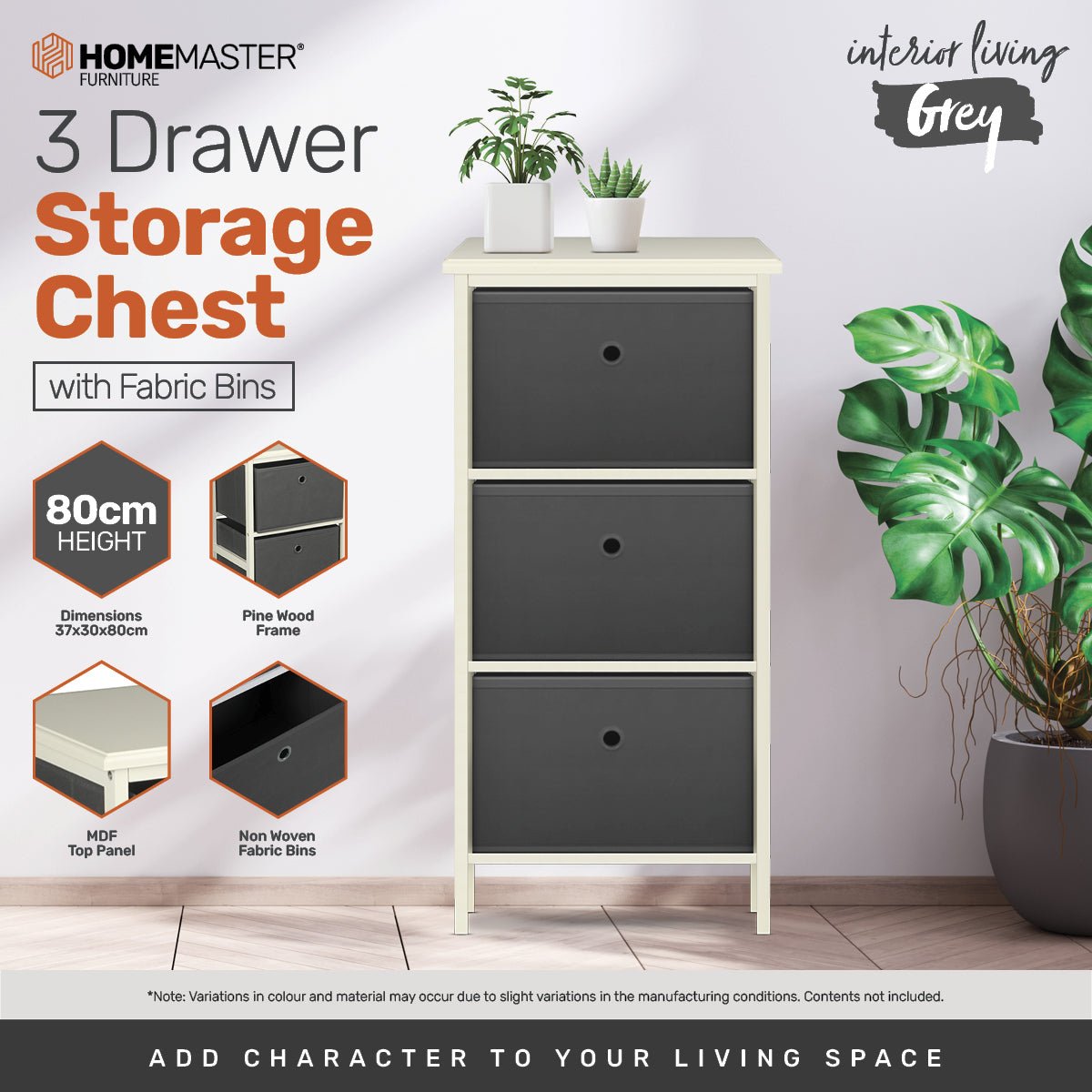 Home Master 3 Drawer Pine Wood Storage Chest Grey Fabric Baskets 37 x 80cm - Little Kids Business