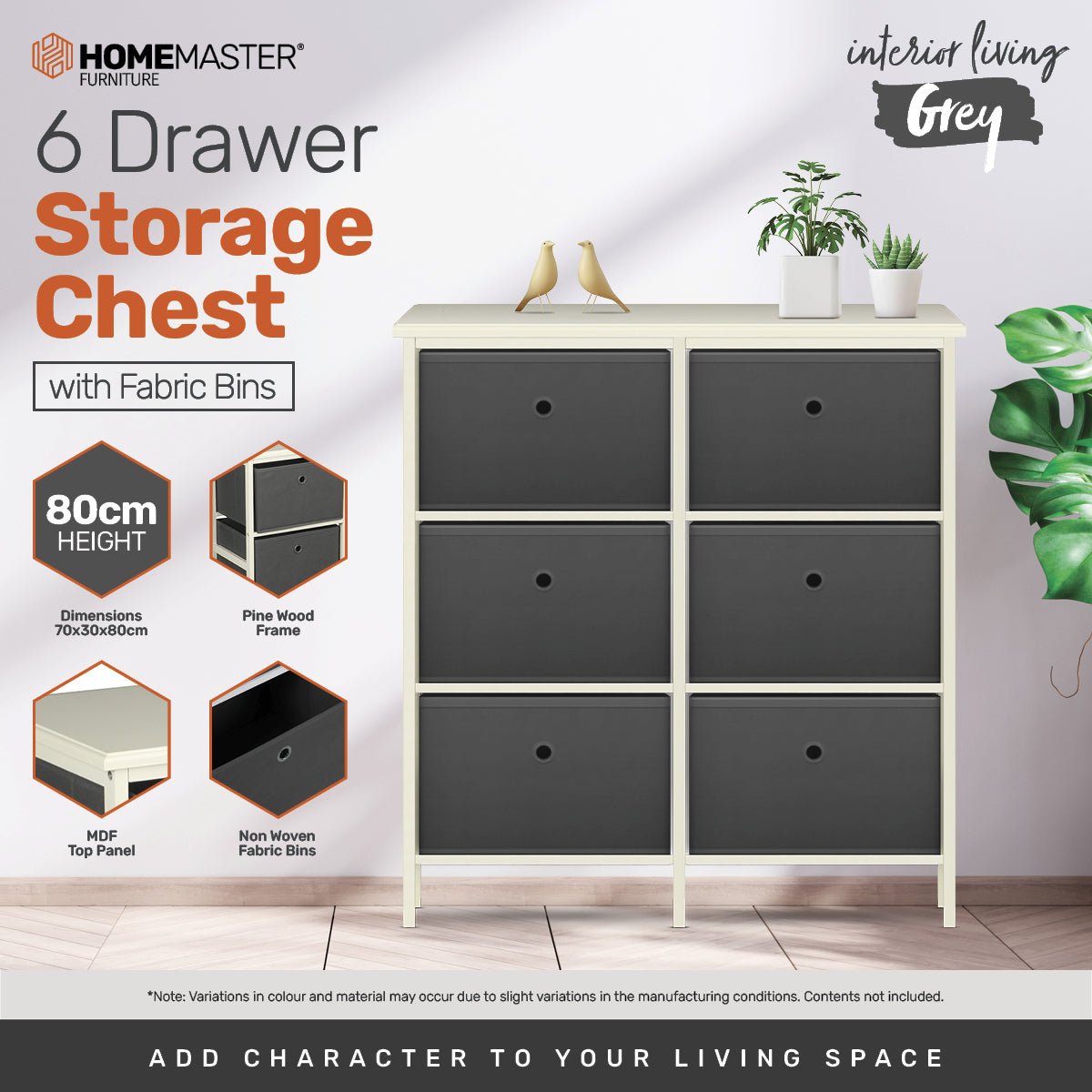 Home Master 6 Drawer Pine Wood Storage Chest Grey Fabric Baskets 70 x 80cm - Little Kids Business