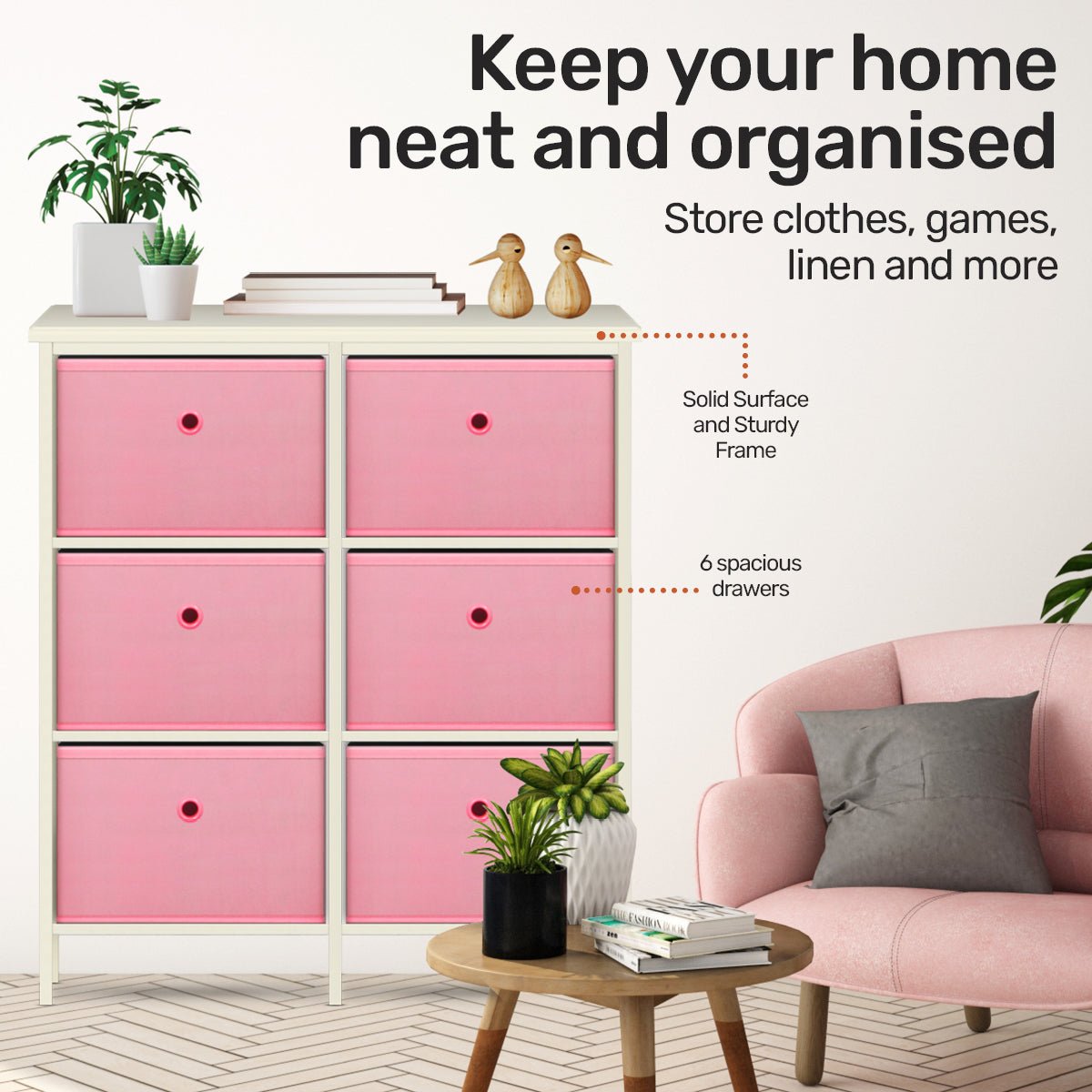 Home Master 6 Drawer Pine Wood Storage Chest Pink Fabric Baskets 70 x 80cm - Little Kids Business