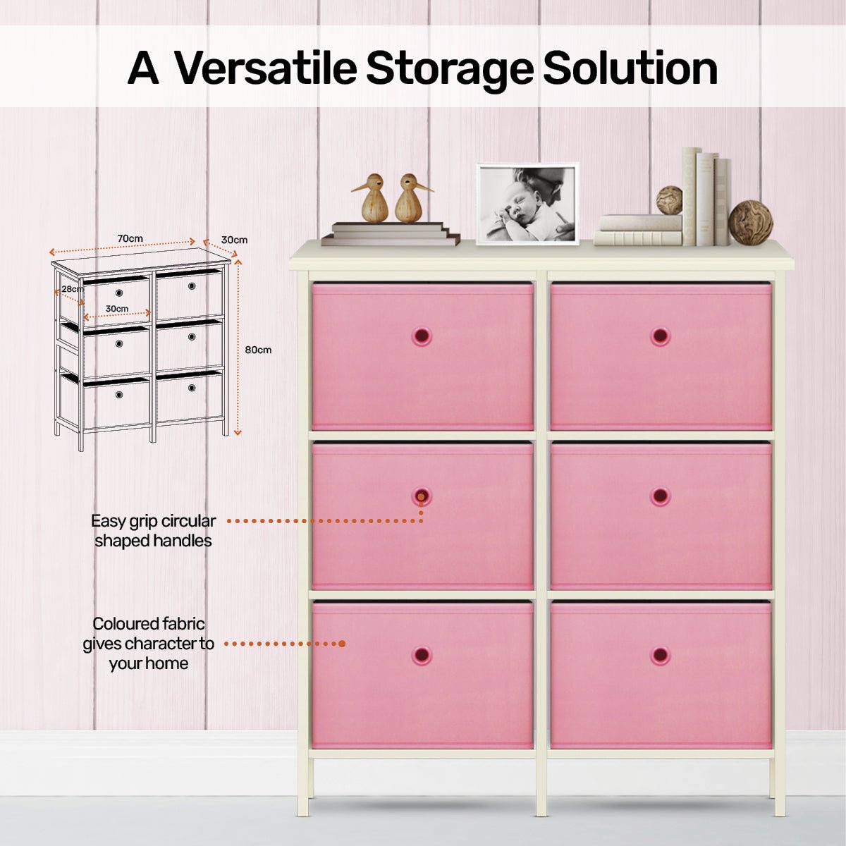 Home Master 6 Drawer Pine Wood Storage Chest Pink Fabric Baskets 70 x 80cm - Little Kids Business