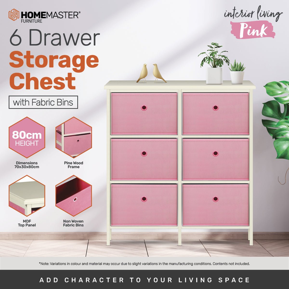 Home Master 6 Drawer Pine Wood Storage Chest Pink Fabric Baskets 70 x 80cm - Little Kids Business