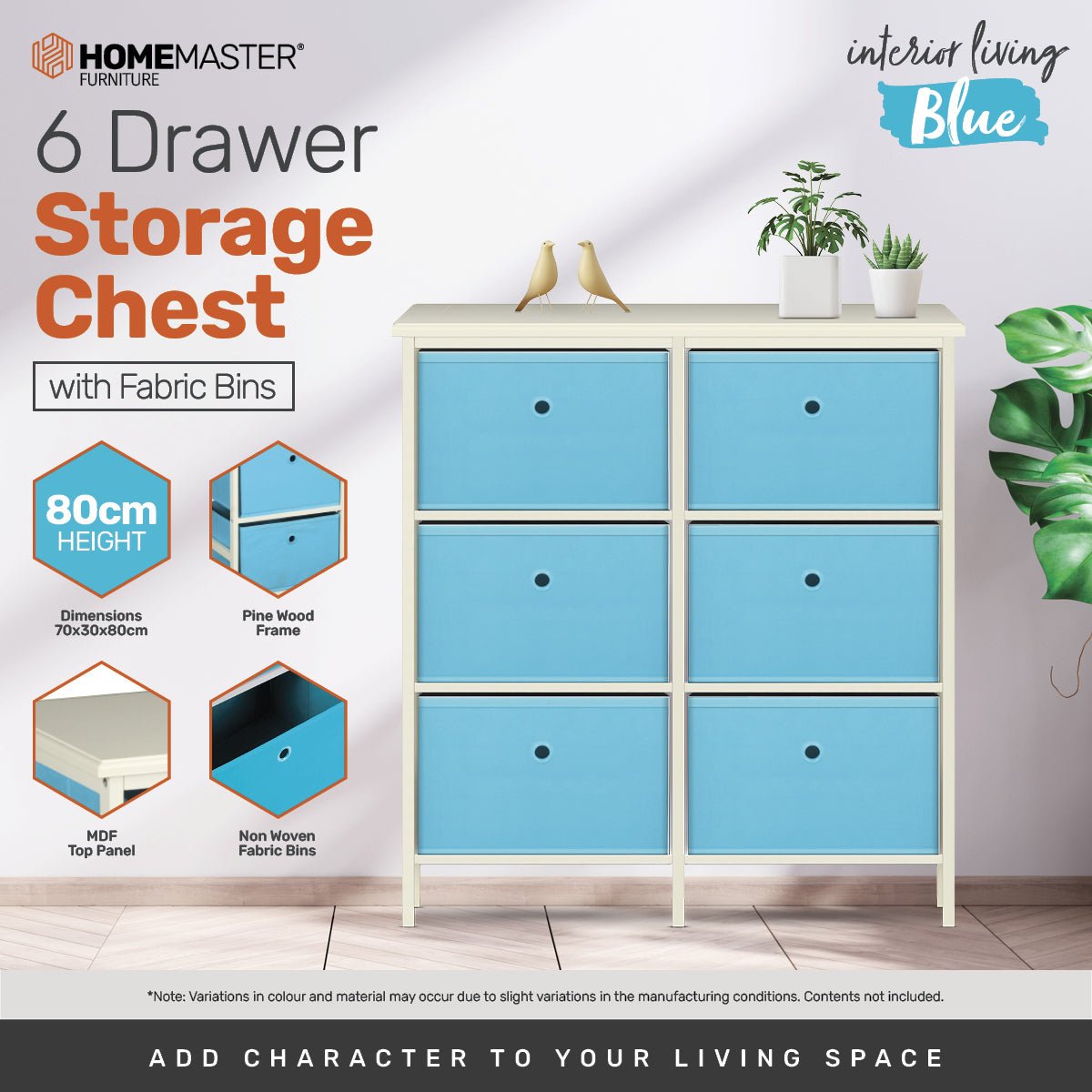 Home Master 6 Drawer Pine Wood Storage Chest Sky Blue Fabric Baskets 70 x 80cm - Little Kids Business