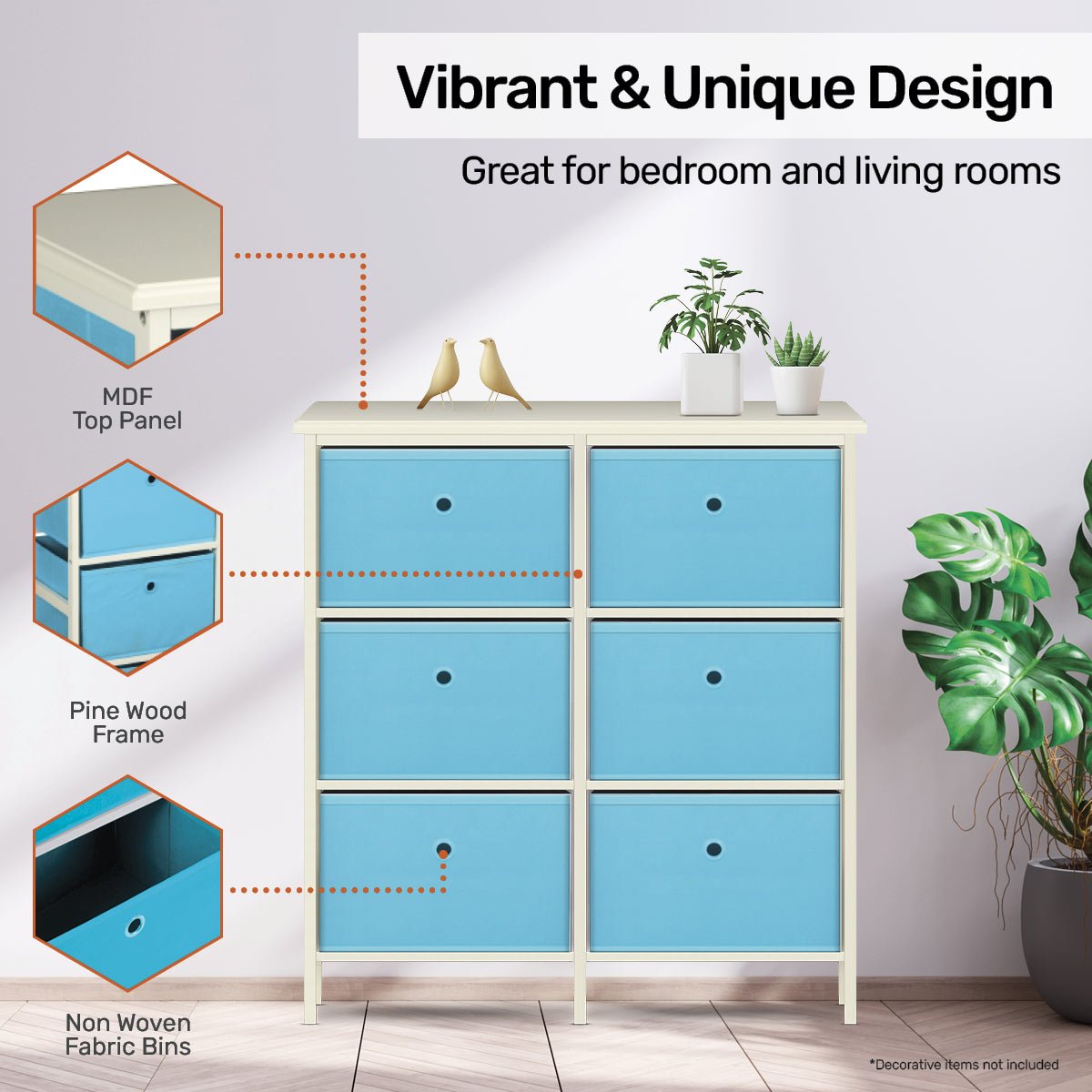 Home Master 6 Drawer Pine Wood Storage Chest Sky Blue Fabric Baskets 70 x 80cm - Little Kids Business
