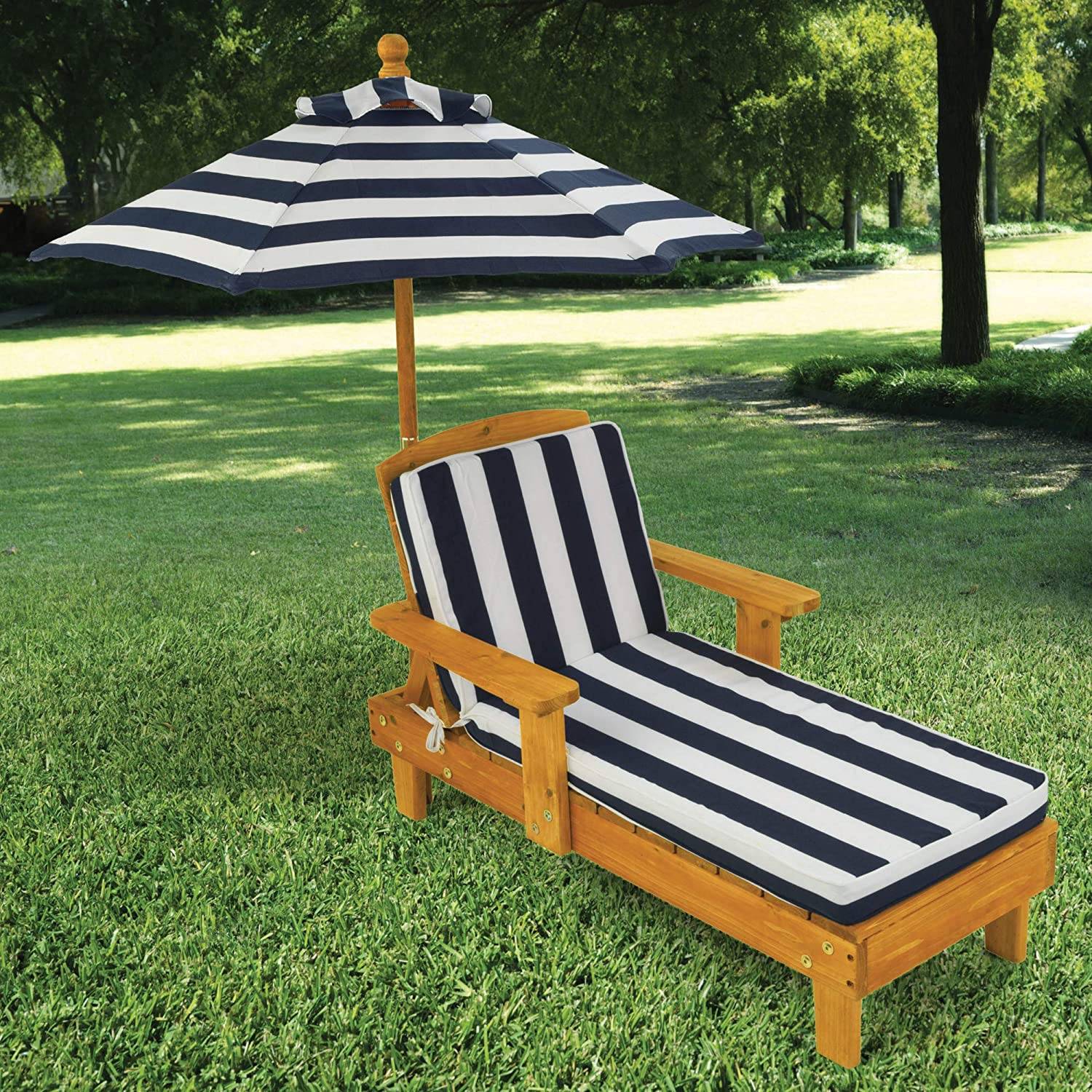 Outdoor Chaise with Umbrella and Navy Stripe Cushion for kids - Little Kids Business