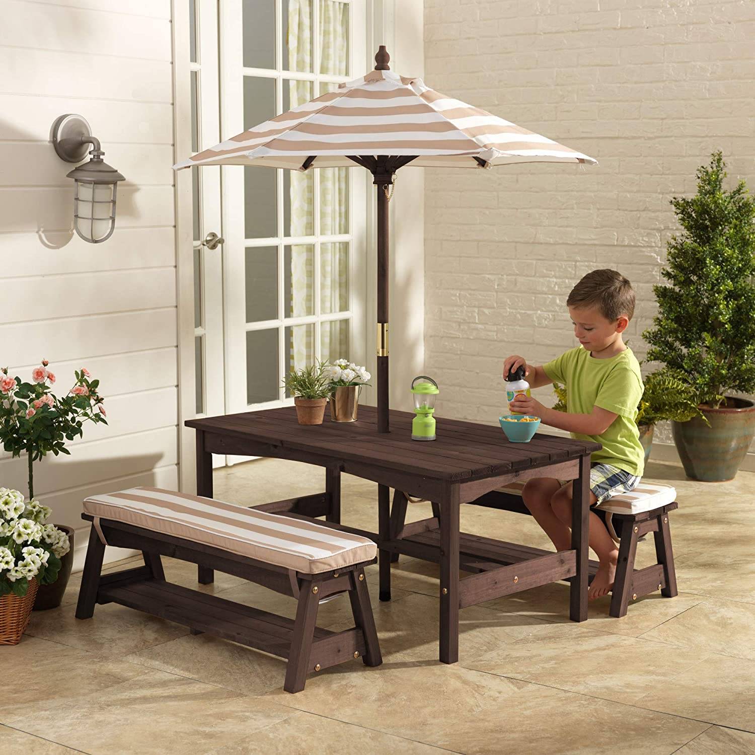 Outdoor Table & Bench Set with Cushions & Umbrella (Brown) - Little Kids Business