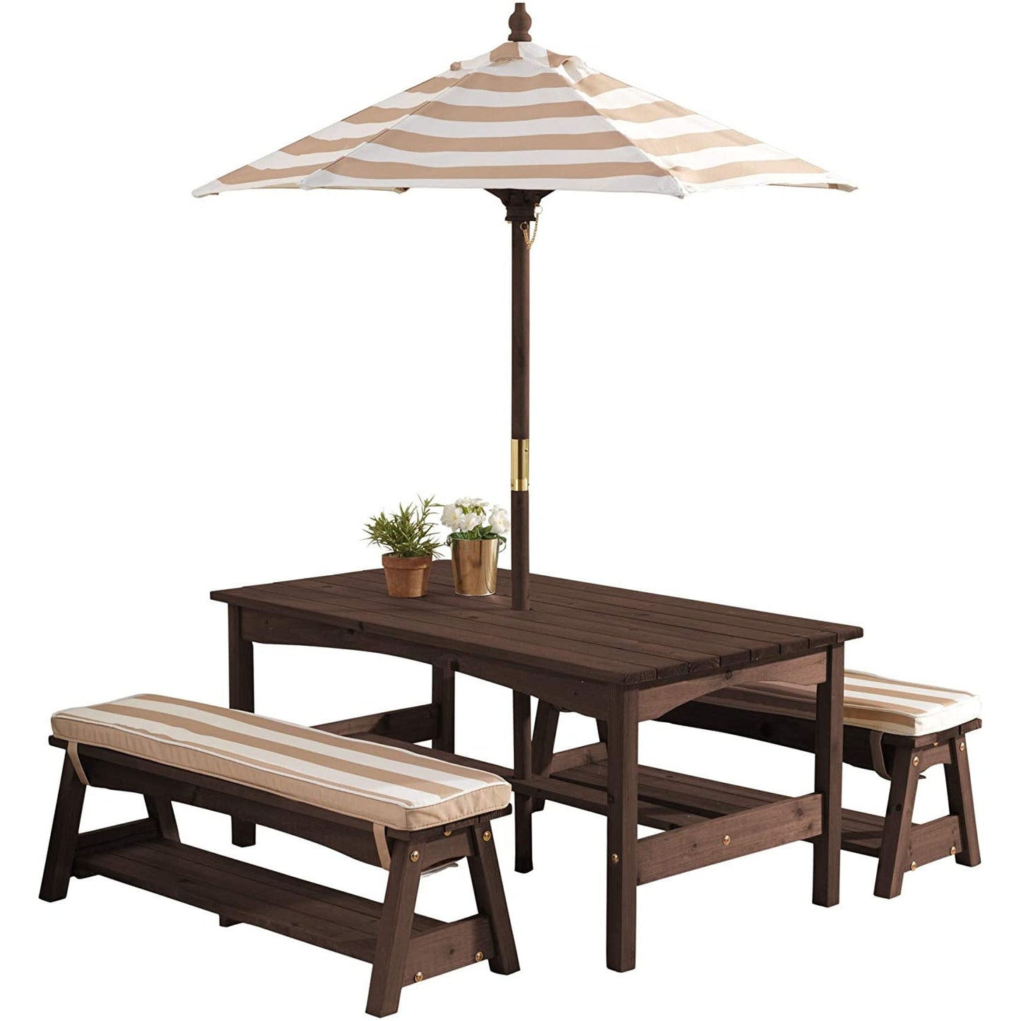 Outdoor Table & Bench Set with Cushions & Umbrella (Brown) - Little Kids Business