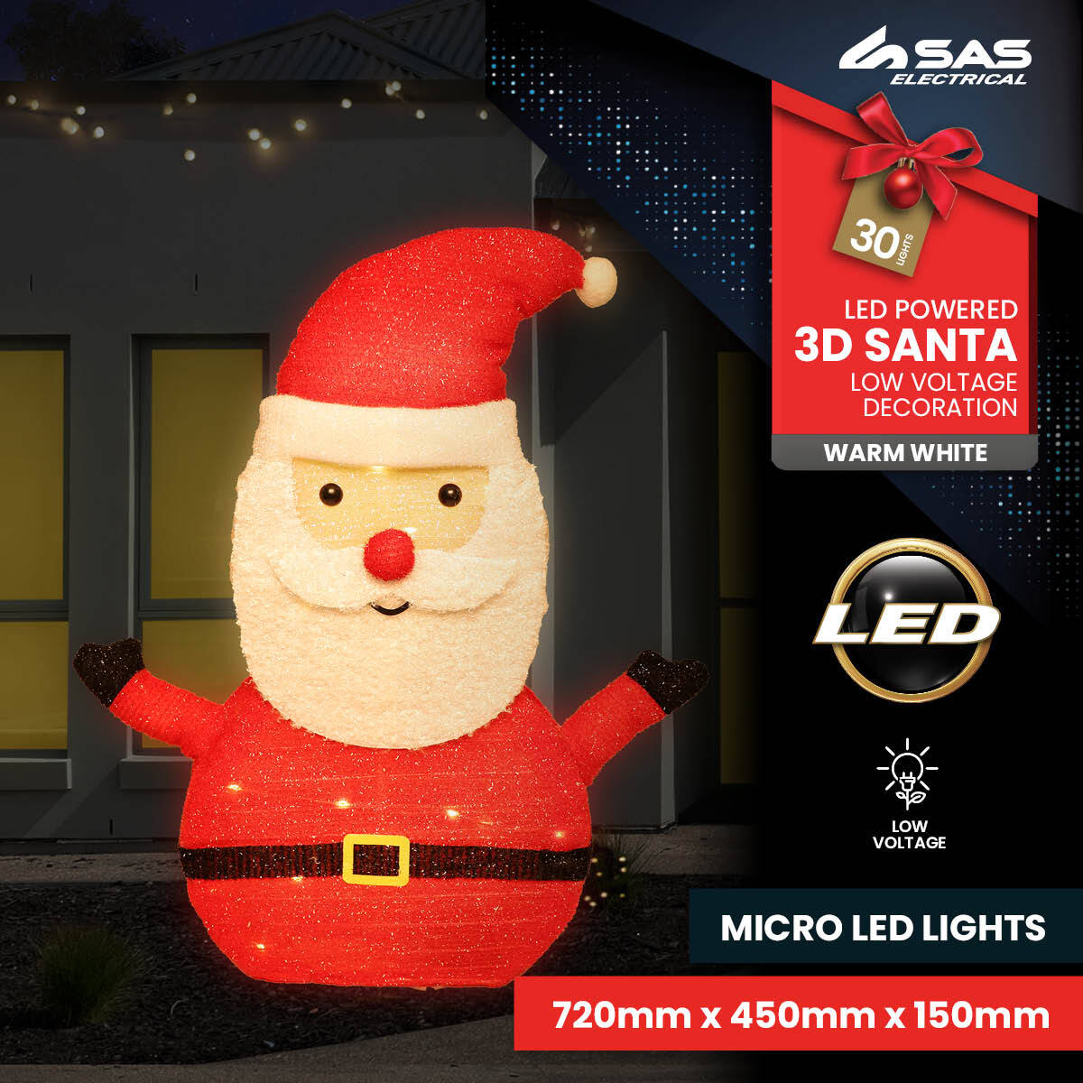SAS Electrical 45 x 72cm 3D Santa Ornament Warm White LED Lighting - Little Kids Business